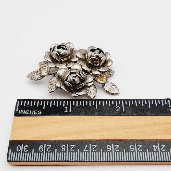 Vintage 1940s 1950s Silver Tone Three Roses Pendant Brooch - Picture 7 of 7